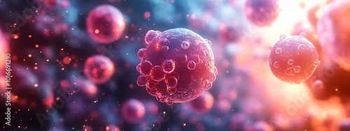  Human stem cell therapy research in 3D: Explore cellular biology, cancer treatment, DNA, nucleus, and protein. Highlighting molecular division for medical biotechnology. 