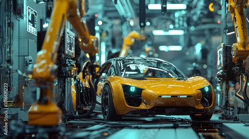 Automated Car Manufacturing Robot Arms Assemble Yellow Sports Car on Conveyor Belt