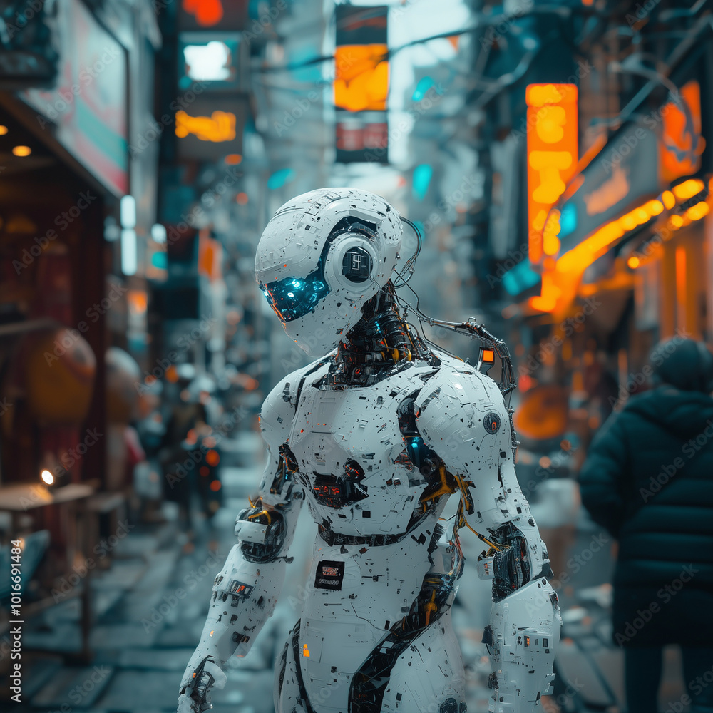 A robot is walking down a street with a person in the background. The robot is white and has a blue face. The street is lit up with neon signs and there are people walking around A robot is walking down a street with a person in the background. The robot is white and has a blue face. The street is lit up with neon signs and there are people walking around