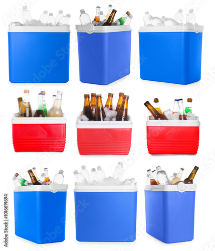 Cool boxes with different drinks isolated on white, set photo