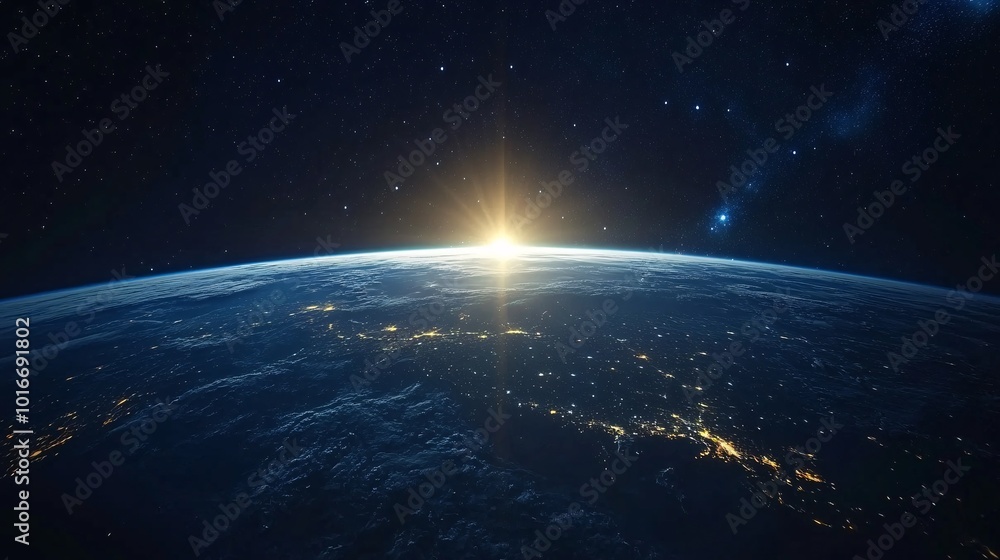 A breathtaking view of Earth from space, showcasing a glowing sunrise above the horizon, with sparkling city lights visible in the dark. A breathtaking view of Earth from space, showcasing a glowing sunrise above the horizon, with sparkling city lights visible in the dark.