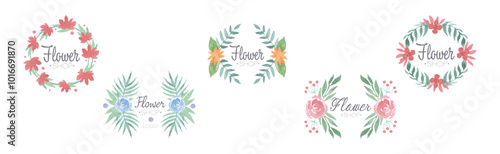 Flower Shop Watercolor Label Design with Floral Bud Vector Set