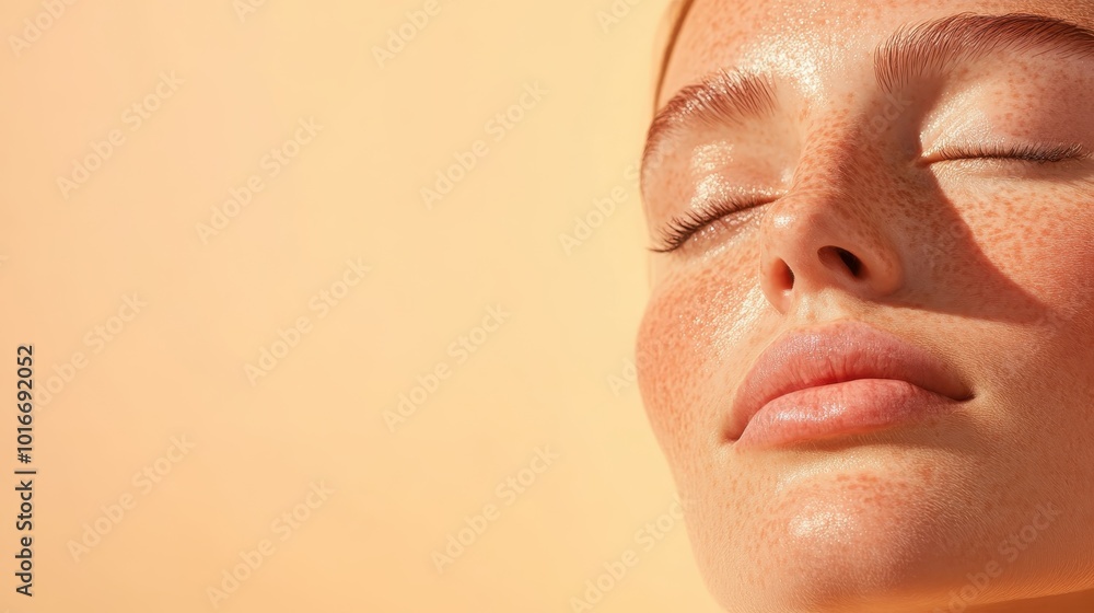 A vibrant image capturing a freckled woman basking in sunlight, eyes closed in a moment of pure bliss and enjoyment, emphasizing natural beauty and warmth. A vibrant image capturing a freckled woman basking in sunlight, eyes closed in a moment of pure bliss and enjoyment, emphasizing natural beauty and warmth.