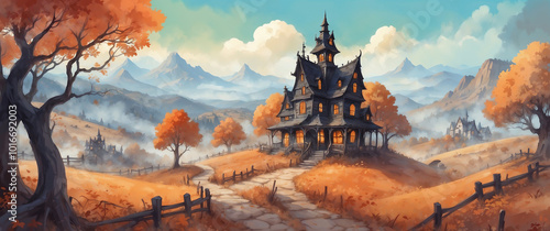 Fall / Autumn Landscape Scenery Digital Painting Illustration Wallpaper, Halloween theme with Haunted House in the Background, in Concept Art Style photo