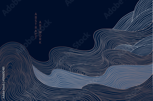 vector abstract japanese style landscapes lined waves in black and gold colours	