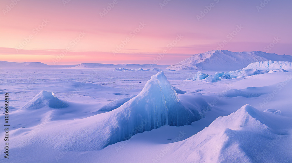 Twilight on the Frozen Tundra: Glaciers Under a Soft Pink and Purple Sky Twilight on the Frozen Tundra: Glaciers Under a Soft Pink and Purple Sky