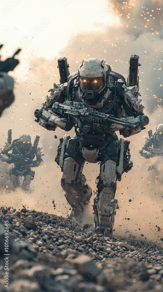 Futuristic soldier in armored suit charges through a battlefield, showcasing technology and determination amidst smoke and debris. Futuristic soldier in armored suit charges through a battlefield, showcasing technology and determination amidst smoke and debris.