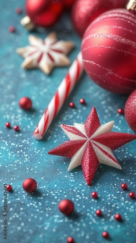 Fototapeta premium Festive decorations are arranged artfully with red and white star-shaped ornaments, shiny baubles, and a striped candy cane, all set against a sparkling blue background, creating a cheerful holiday at
