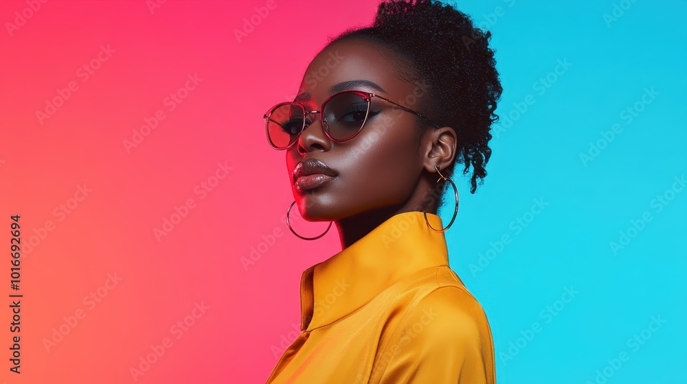 A sophisticated woman wearing a bright orange shirt and chic sunglasses poses against a vivid split background, embodying confidence and contemporary style. A sophisticated woman wearing a bright orange shirt and chic sunglasses poses against a vivid split background, embodying confidence and contemporary style.