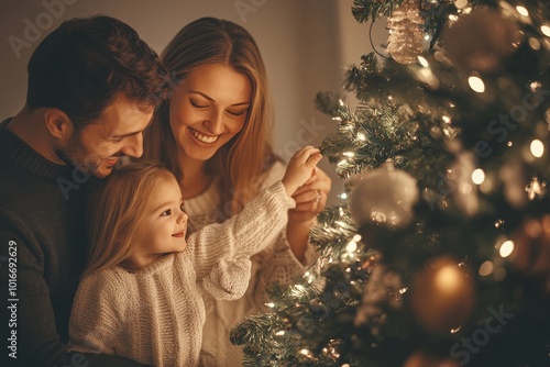  family, winter holidays and people concept - happy mother, father and little daughter decorating christmas tree at home. MZ photo