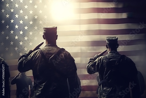 Soldiers salute in front of American flag during a patriotic ceremony