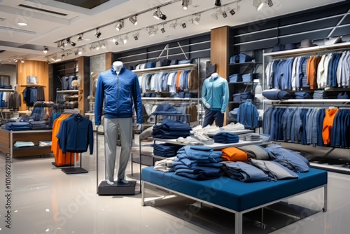 Stylish retail store displaying men's clothing in shades of blue and orange