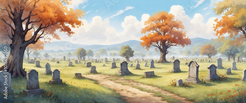 A Cemetery Graveyard Fall Day Landscape Scene Wallpaper Illustration Background, with Gravestones, Trees and Paths, in Concept Art Style