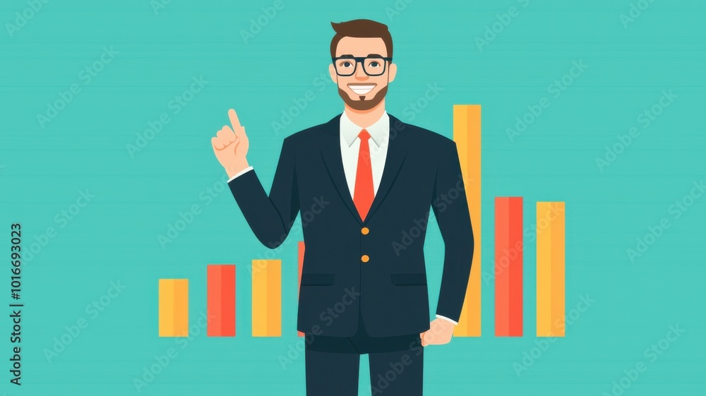 A confident businessman gestures positively next to a colorful bar graph, symbolizing growth and success in a professional setting. A confident businessman gestures positively next to a colorful bar graph, symbolizing growth and success in a professional setting.