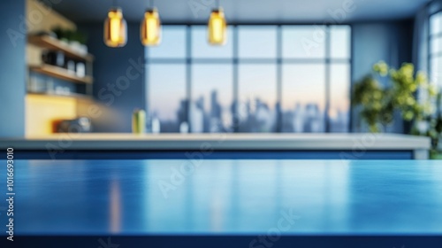 An empty blue kitchen countertop against a blurred background of a stylish, modern kitchen interior, ideal for product or food presentations