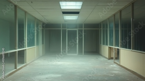 An empty, glass-walled office space, abandoned and in disrepair, with broken windows and dust-covered surfaces, conveying a haunting atmosphere