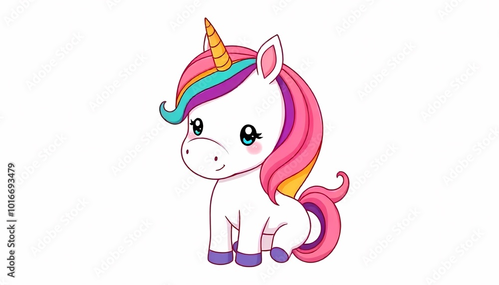 Cute Cartoon Unicorn with Rainbow Mane and Tail Sitting Cute Cartoon Unicorn with Rainbow Mane and Tail Sitting