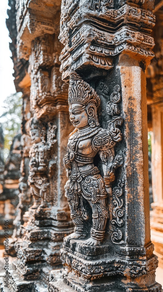 Obraz premium Intricate stone sculpture of a mythical figure, showcasing detailed carvings and rich cultural heritage in temple architecture.