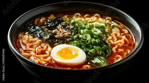 A bowl of spicy ramen noodles with a soft-boiled egg, seaweed, green onions, and sesame seeds.