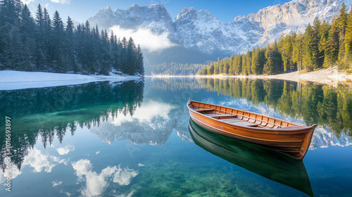 Tranquil Lake with Reflections of Snowy Mountains and Pine Trees