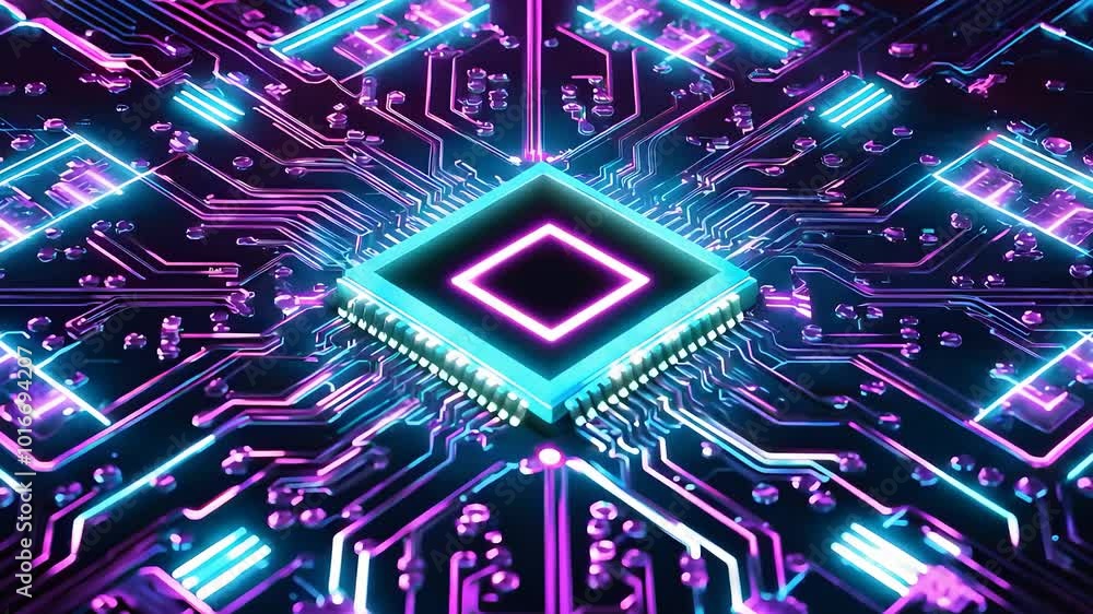 Futuristic Circuit Board with Glowing Microchip Futuristic Circuit Board with Glowing Microchip