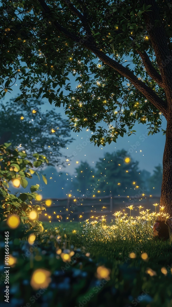 Obraz premium Magical evening scene with glowing fireflies in a serene forest, creating a whimsical atmosphere of nature and tranquility.