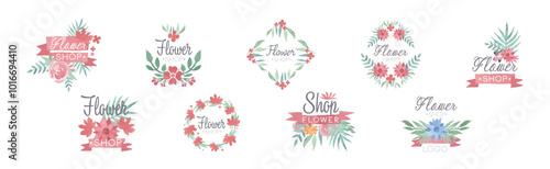 Flower Shop Watercolor Label Design with Floral Bud Vector Set