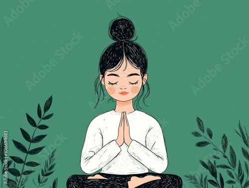 Hand Drawn of a Young Female Character Practicing Yoga and Meditation in a Serene Garden Retreat Setting with Lush Foliage and a Calming Color Palette for Wellness and Lifestyle Decor photo