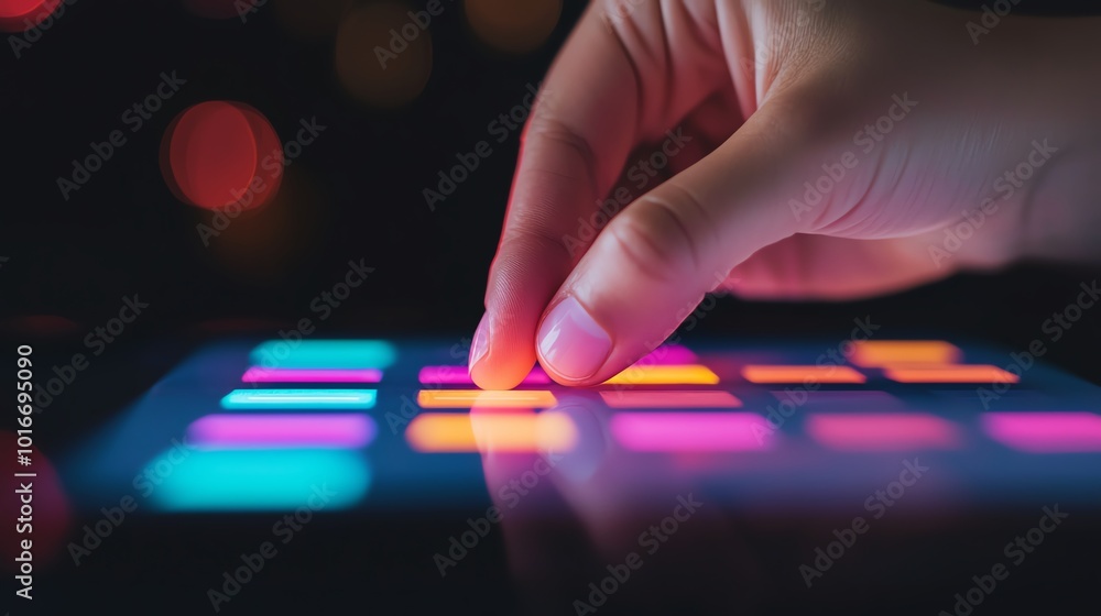 Closeup of a hand checking off a box on a digital voting screen, bright lighting, shallow depth Closeup of a hand checking off a box on a digital voting screen, bright lighting, shallow depth