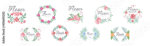 Flower Shop Watercolor Label Design with Floral Bud Vector Set