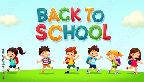 Colorful Back to School banner with six smiling children carrying backpacks and running towards the viewer