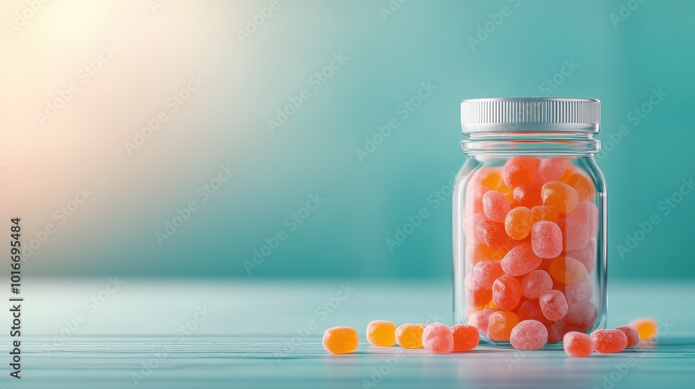 Bright orange candies are neatly arranged in a clear glass jar set against a mint-green background, projecting a fresh, zesty appeal, and modern aesthetic. Bright orange candies are neatly arranged in a clear glass jar set against a mint-green background, projecting a fresh, zesty appeal, and modern aesthetic.