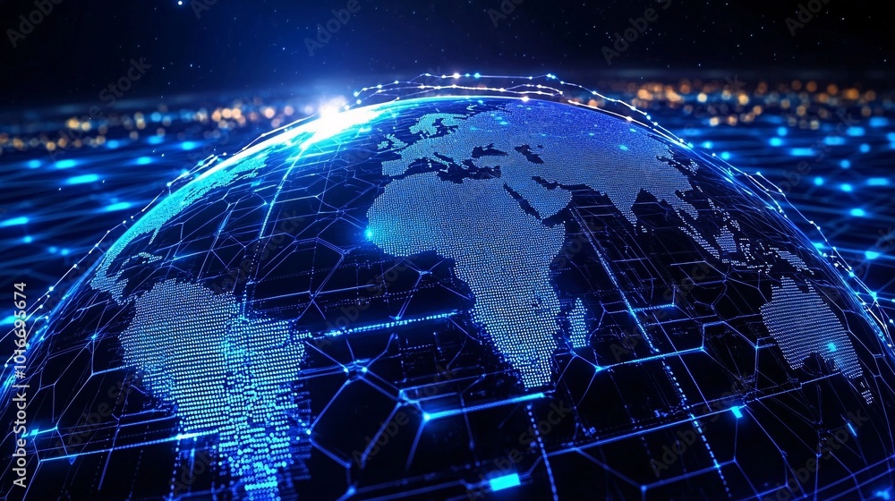 Digital representation of the Earth with glowing network connections, showcasing a futuristic view of global connectivity. Digital representation of the Earth with glowing network connections, showcasing a futuristic view of global connectivity.