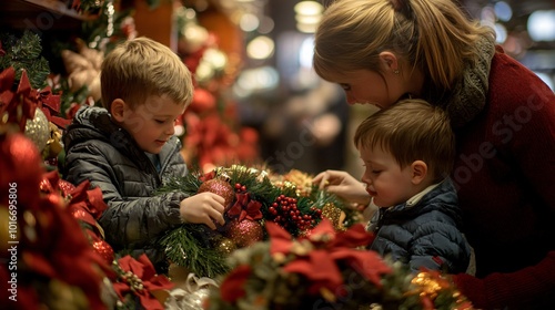 Christmas Family Holiday Tradition Mother and Sons Decorating Christmas Tree