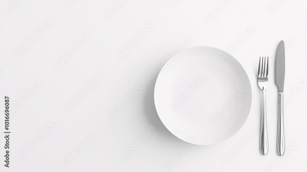 Minimalist table setting featuring a white plate, fork, and knife arranged neatly on a clean white background, perfect for culinary presentations. Minimalist table setting featuring a white plate, fork, and knife arranged neatly on a clean white background, perfect for culinary presentations.