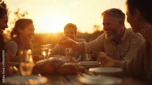 A cheerful group sharing smiles and enjoying a delightful outdoor dining experience, surrounded by the warm glow of a setting sun, embodying camaraderie and joy. photo