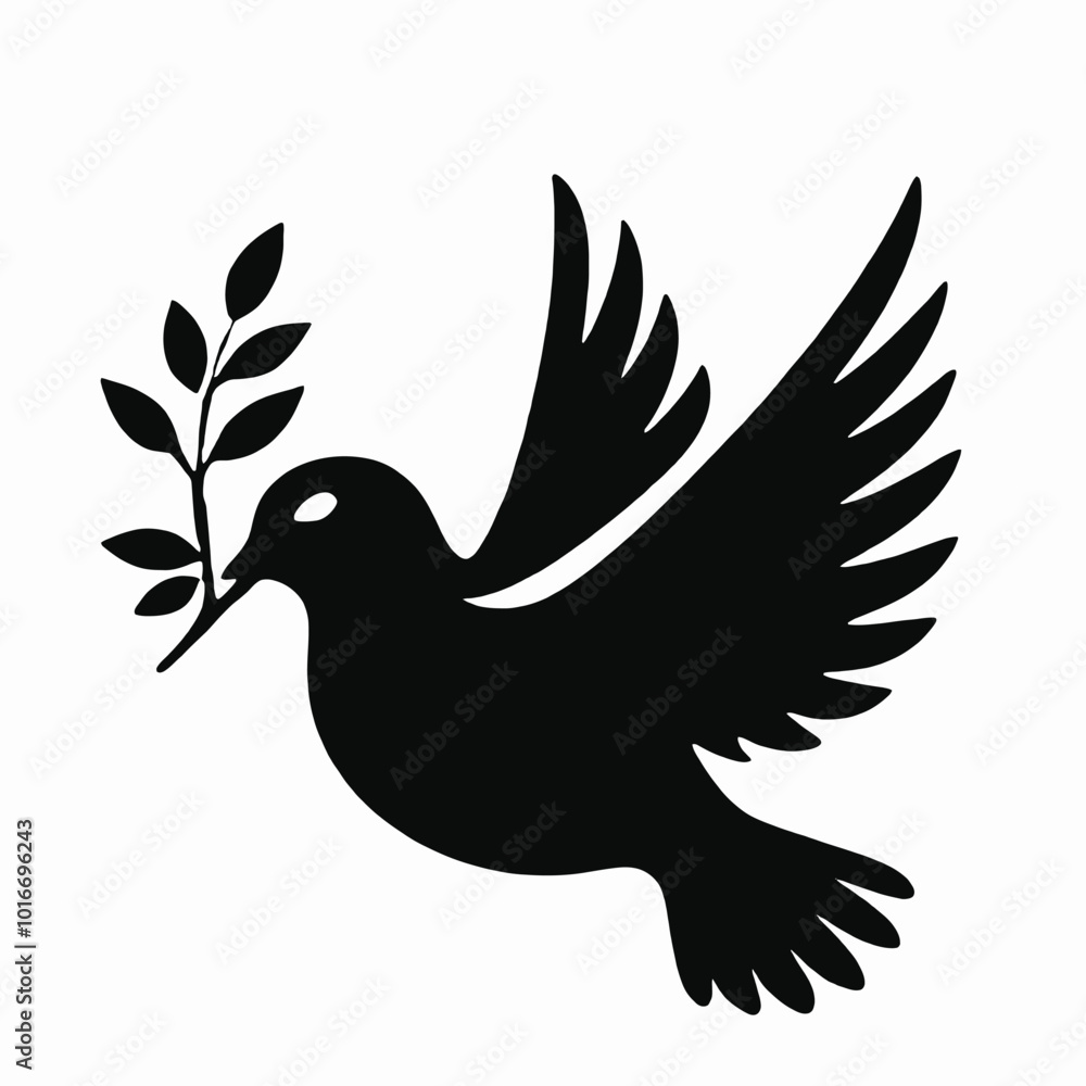 Fototapeta premium A black silhouette of a dove or pigeon with an olive branch in its beak