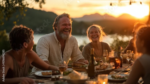 A joyous group gathered around a dinner table outdoors, sharing laughter and good times while enjoying a beautiful sunset view in a picturesque setting. photo