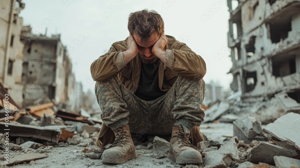 A troubled individual sits amid the rubble of a destroyed building, hands on head, embodying feelings of despair and reflection in a chaotic landscape. A troubled individual sits amid the rubble of a destroyed building, hands on head, embodying feelings of despair and reflection in a chaotic landscape.