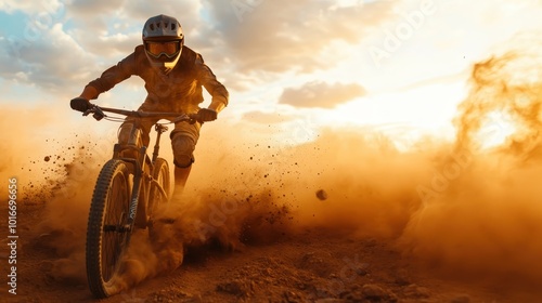 A cyclist pushes his limits, racing against the sunset in a dusty, dynamic landscape, embodying the thrill and freedom of riding through raw, natural terrain.