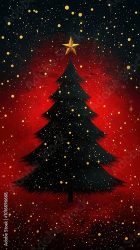 A beautifully designed Christmas tree stands tall, crowned with a shining golden star. It contrasts sharply with the vibrant red background, while golden snowflakes gently fall around it, creating a m