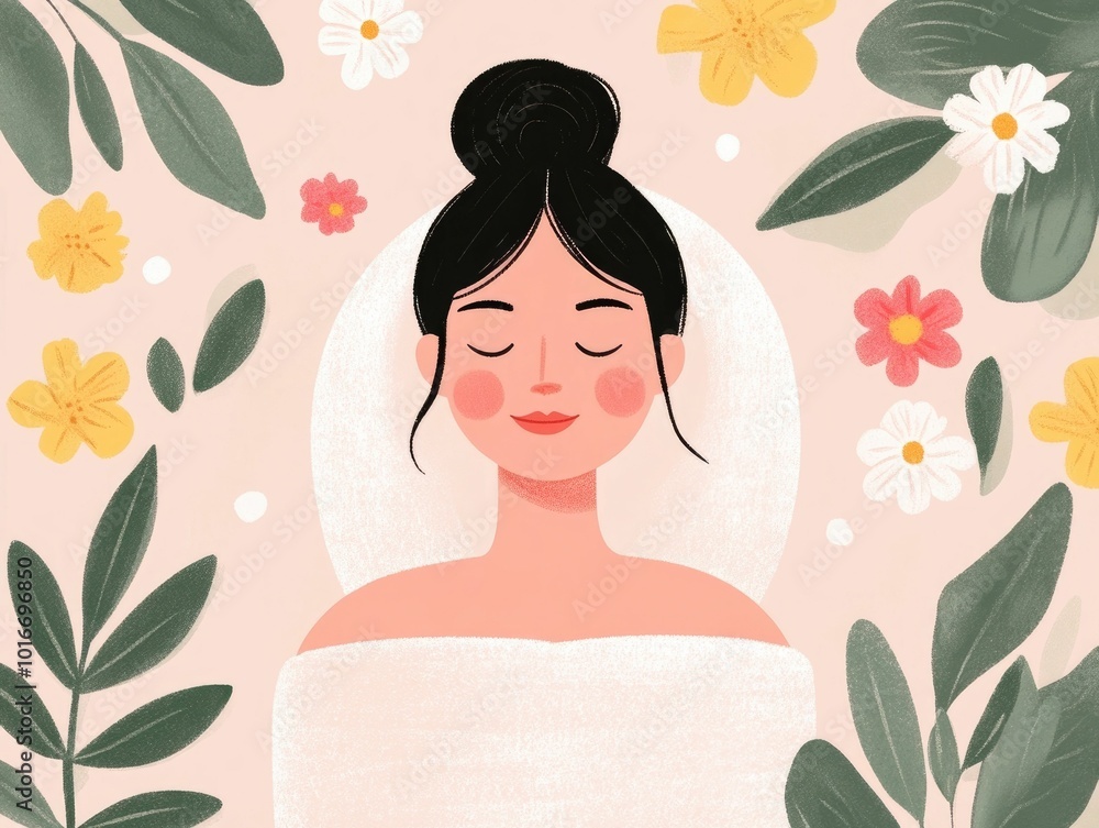 Serene Hand Drawn of a Woman Enjoying a Spa Day Surrounded by Lush Botanicals and Soft Pink and Green Tones Creating a Calming and Rejuvenating Atmosphere for a Beauty Salon or Spa Interior Decor Serene Hand Drawn of a Woman Enjoying a Spa Day Surrounded by Lush Botanicals and Soft Pink and Green Tones Creating a Calming and Rejuvenating Atmosphere for a Beauty Salon or Spa Interior Decor