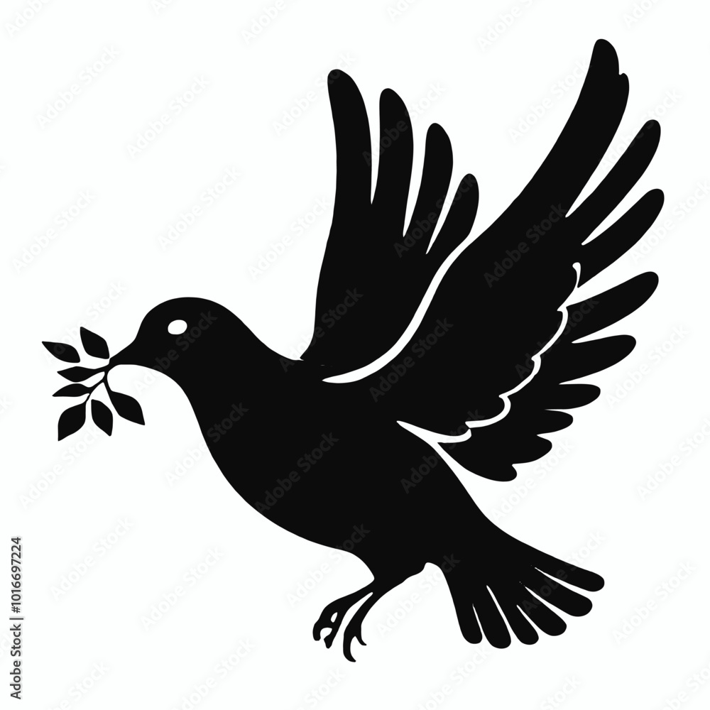 Fototapeta premium A black silhouette of a dove or pigeon with an olive branch in its beak 