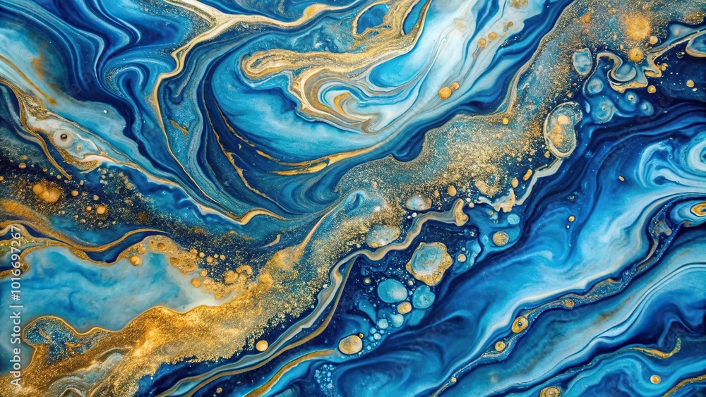 Abstract blue and gold fluid art painting with marbled texture and subtle bubbly details Abstract blue and gold fluid art painting with marbled texture and subtle bubbly details