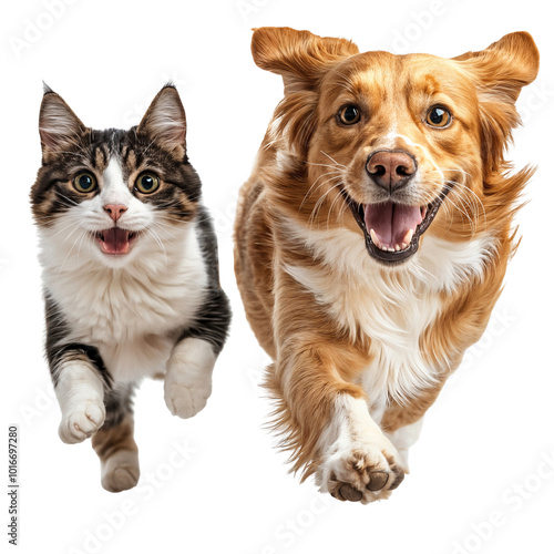 Cat and a dog running and playing together, friendship animals isolated on white background photo