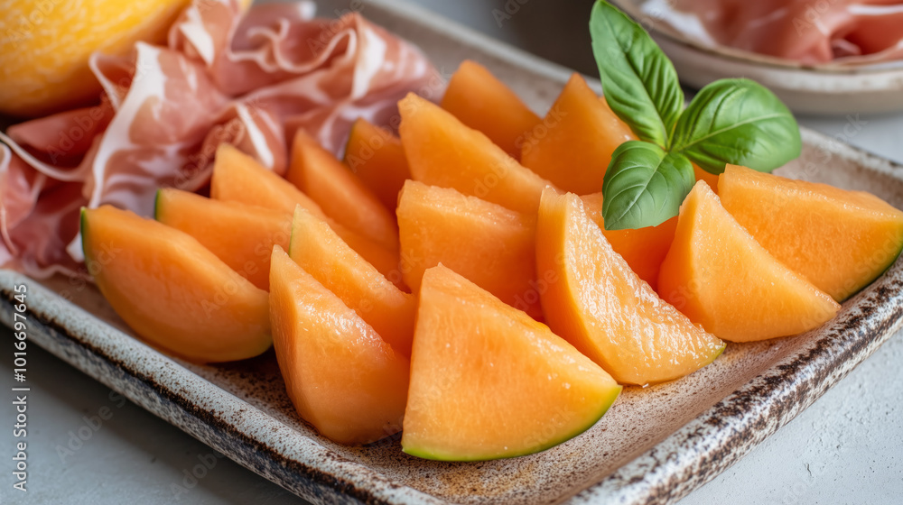 A plate of fresh cantaloupe slices garnished with basil, served alongside thinly sliced prosciutto for a classic pairing. A plate of fresh cantaloupe slices garnished with basil, served alongside thinly sliced prosciutto for a classic pairing.