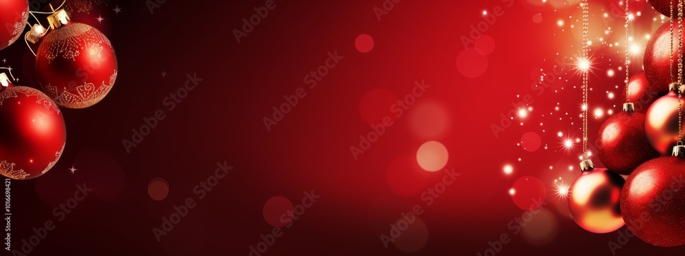 Christmas background in red with Christmas balls and decorations.