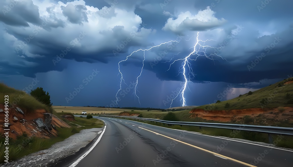 A lightning storm illuminates a deserted road, with dark clouds overhead and a grassy field on either side
