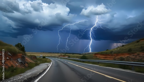 Obraz na płótnie A lightning storm illuminates a deserted road, with dark clouds overhead and a grassy field on either side w salonie