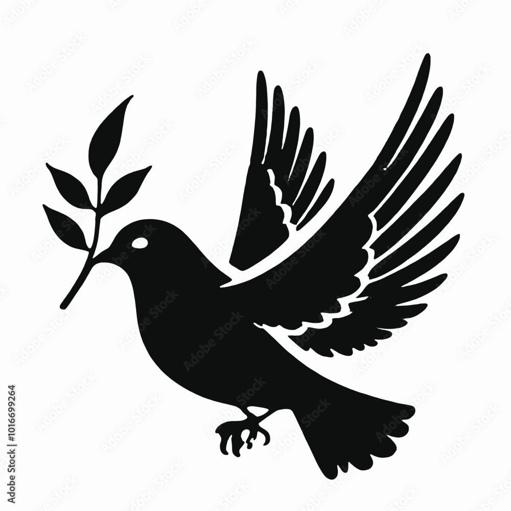 Fototapeta premium A black silhouette of a dove or pigeon with an olive branch in its beak 